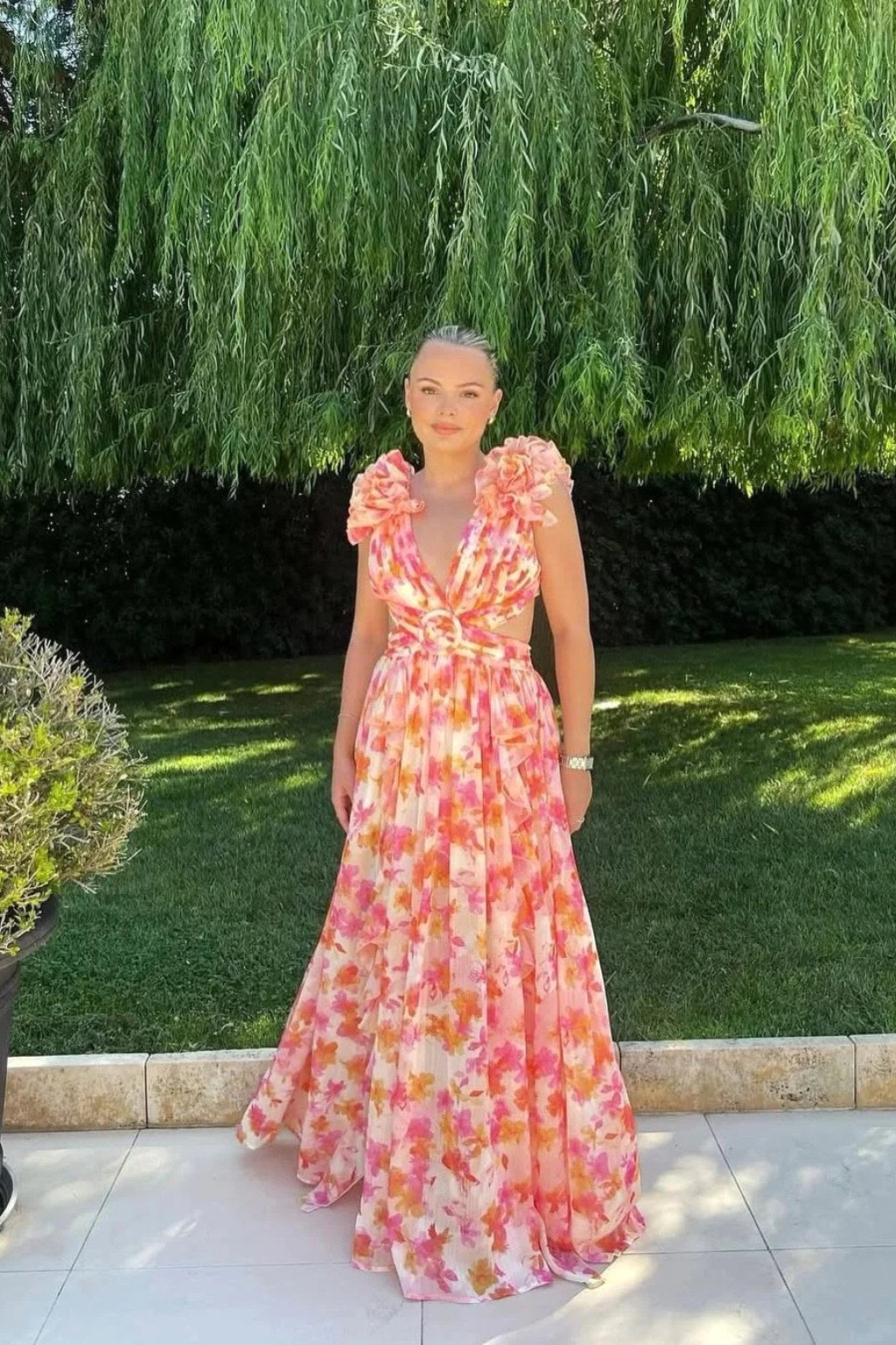 Bernadette | Women's Floral Maxi Dress with V-Neck and Ruffled Shoulders, Wedding Guest Dress | The Dress Cellar