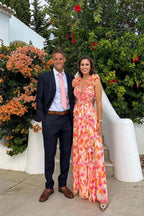 Bernadette | Women's Floral Maxi Dress with V-Neck and Ruffled Shoulders, Wedding Guest Dress | The Dress Cellar