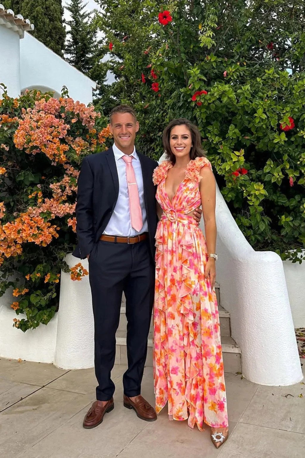 Bernadette | Women's Floral Maxi Dress with V-Neck and Ruffled Shoulders, Wedding Guest Dress | The Dress Cellar