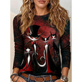 Brielle | Women's Halloween Graphic Long-Sleeve Top, Gothic Cat Print Tee | The Dress Cellar | Red