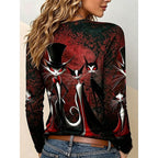 Brielle | Women's Halloween Graphic Long-Sleeve Top, Gothic Cat Print Tee | The Dress Cellar | Blue