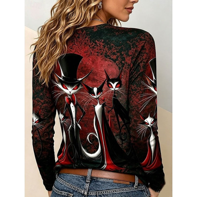 Brielle | Women's Halloween Graphic Long-Sleeve Top, Gothic Cat Print Tee | The Dress Cellar | Blue