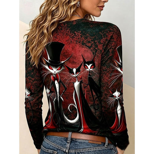 Brielle | Women's Halloween Graphic Long-Sleeve Top, Gothic Cat Print Tee | The Dress Cellar | Blue