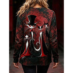 Brielle | Women's Halloween Graphic Long-Sleeve Top, Gothic Cat Print Tee | The Dress Cellar | Purple