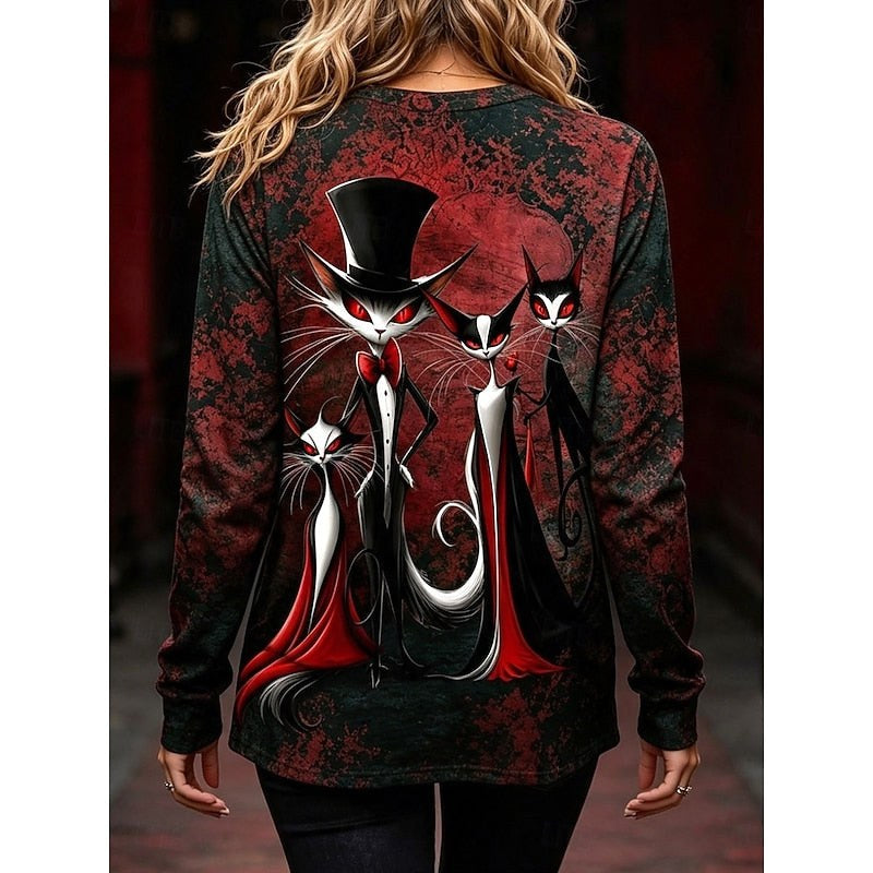 Brielle | Women's Halloween Graphic Long-Sleeve Top, Gothic Cat Print Tee | The Dress Cellar | Purple