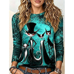 Brielle | Women's Halloween Graphic Long-Sleeve Top, Gothic Cat Print Tee | The Dress Cellar