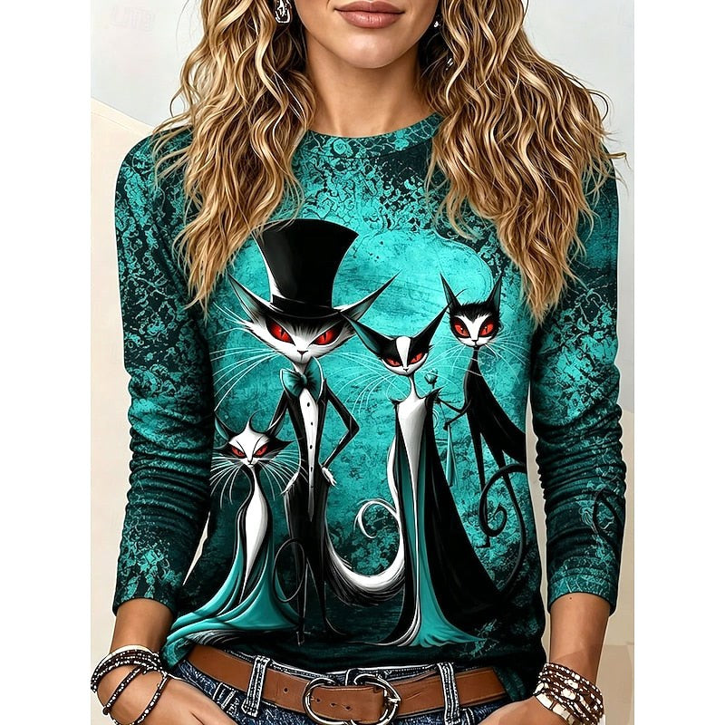 Brielle | Women's Halloween Graphic Long-Sleeve Top, Gothic Cat Print Tee | The Dress Cellar