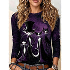 Brielle | Women's Halloween Graphic Long-Sleeve Top, Gothic Cat Print Tee | The Dress Cellar