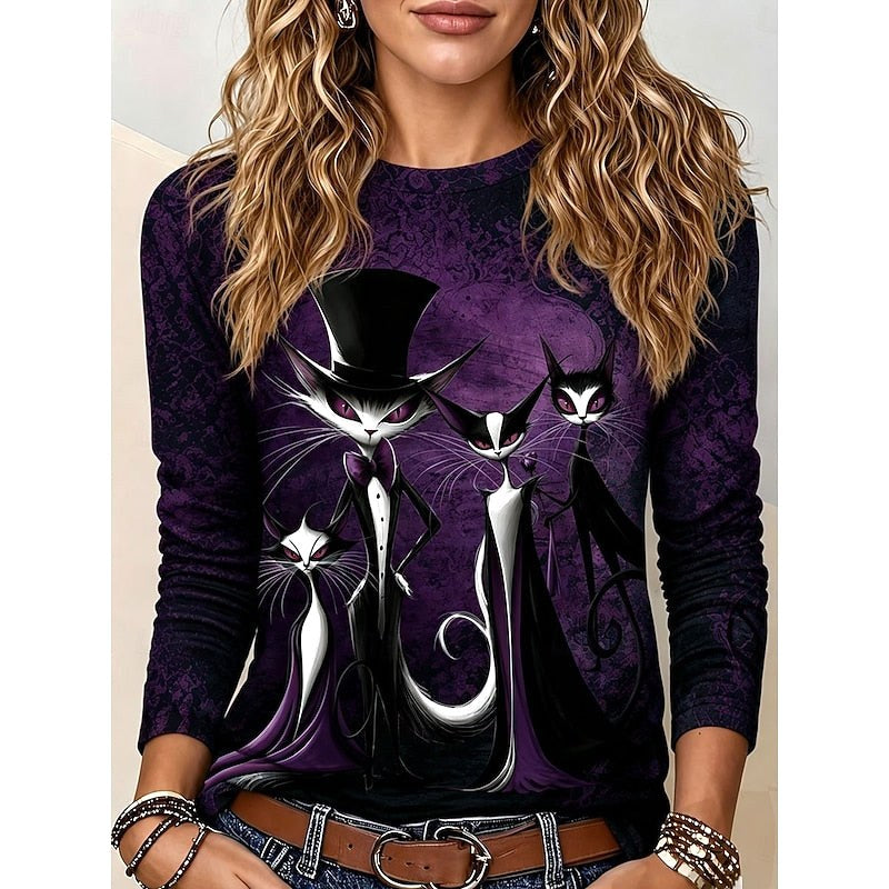 Brielle | Women's Halloween Graphic Long-Sleeve Top, Gothic Cat Print Tee | The Dress Cellar