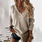 Brielle | Women's Relaxed V-Neck Oversized Jumper, Chunky Knit Sweater | The Dress Cellar | Beige