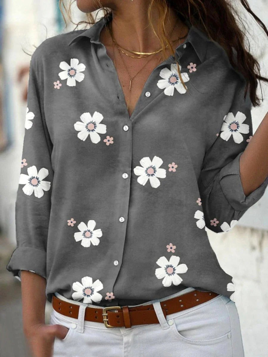 Brittany | Women's Floral Print Blouse - Gray