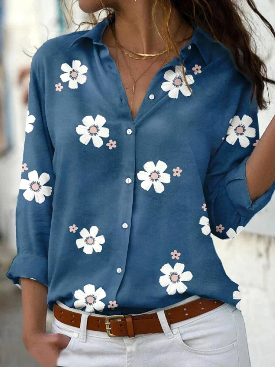 Brittany | Women's Floral Print Blouse - Blue