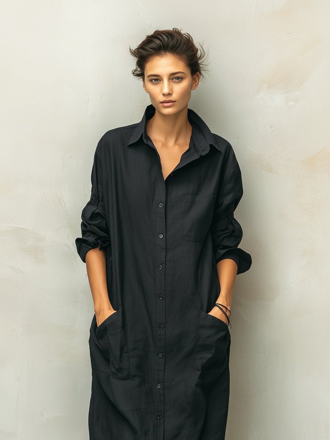 Brooke | Women's Black Cotton Linen Long Sleeve Shirt Dress - image 2