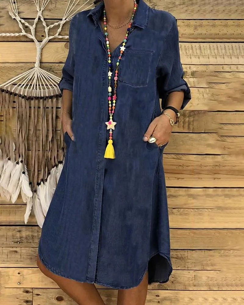Brooke | Women's Casual Denim Shirt Dress - Navy Blue