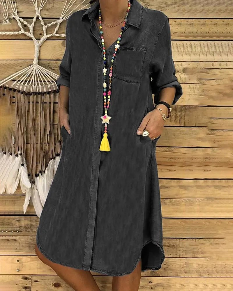 Brooke | Women's Casual Denim Shirt Dress - Black