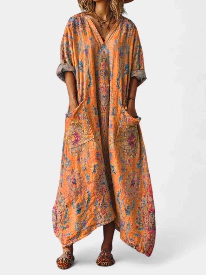 Brooke | Women's Cotton Boho Print Maxi Dress - Orange