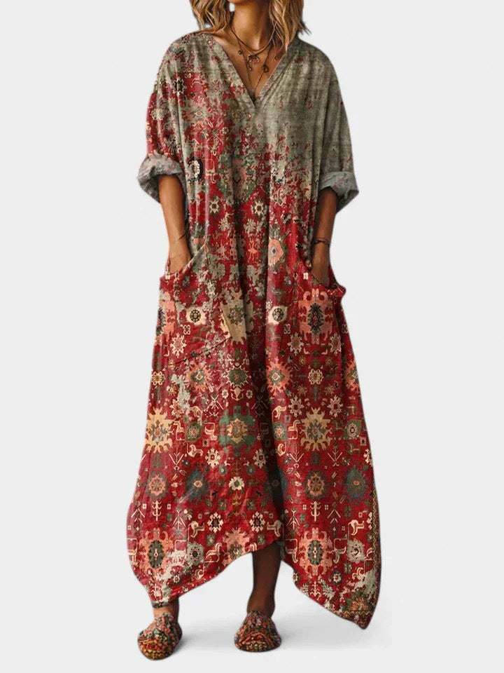 Brooke | Women's Cotton Boho Print Maxi Dress - Red