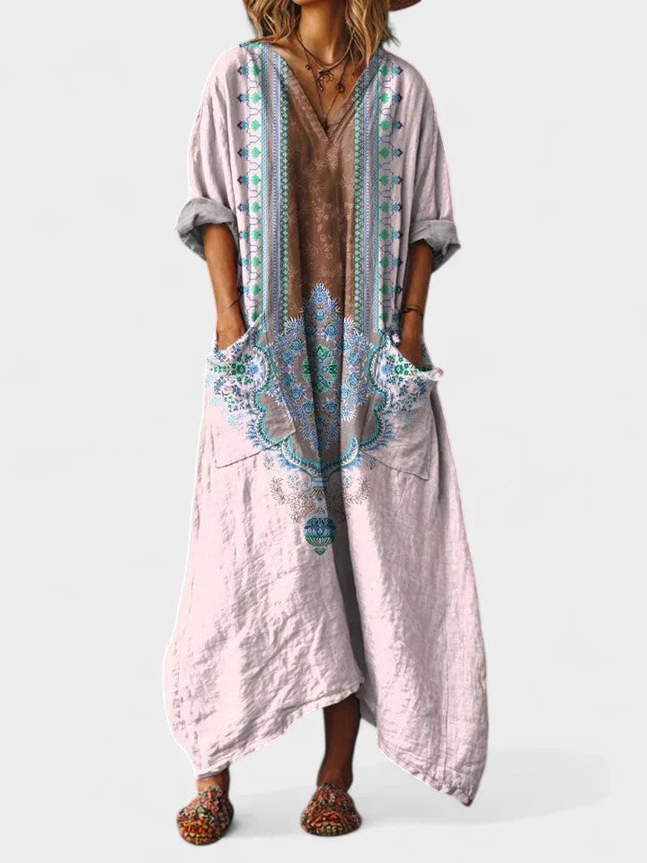 Brooke | Women's Cotton Boho Print Maxi Dress - Light Pink