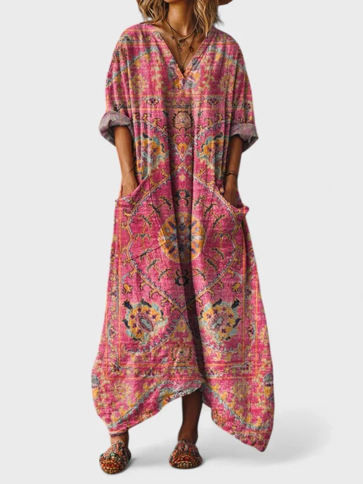 Brooke | Women's Cotton Boho Print Maxi Dress - Dark Pink