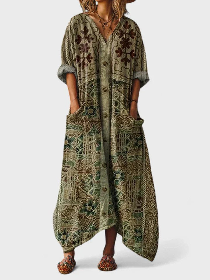Brooke | Women's Cotton Boho Print Maxi Dress - Olive Green