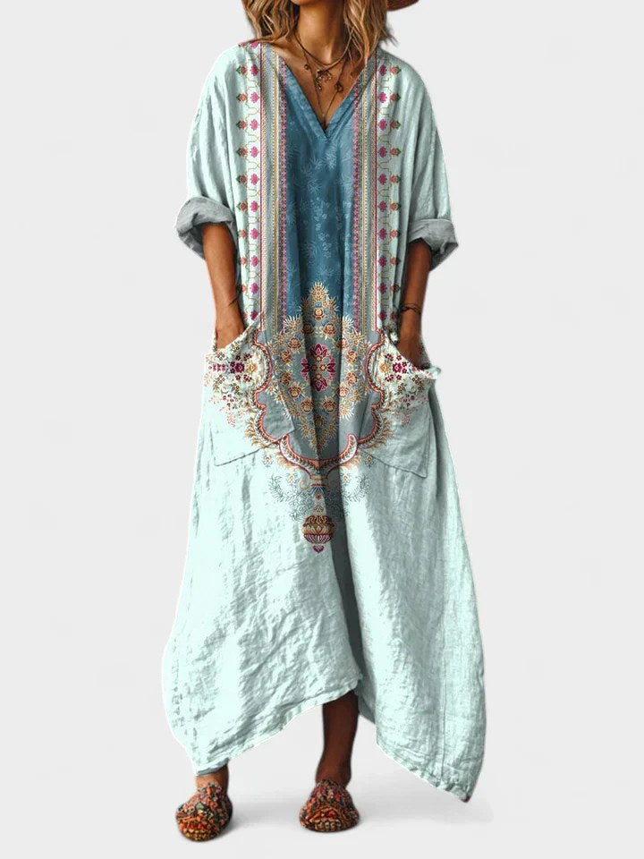 Brooke | Women's Cotton Boho Print Maxi Dress - Powder Blue