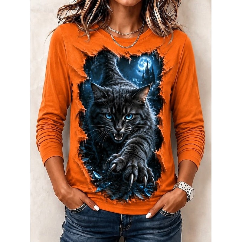 Brooke | Women's Graphic Halloween Top, Crew Neck Print Tee | The Dress Cellar | Orange