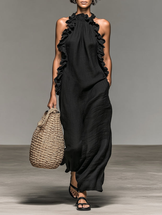 Brooke | Women's Linen-Blend Sleeveless Maxi Dress - Black