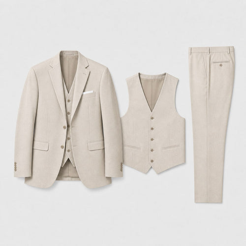 Callum | Men's Linen Three-Piece Suit with Waistcoat, Tailored Blazer Suit | The Dress Cellar | Beige