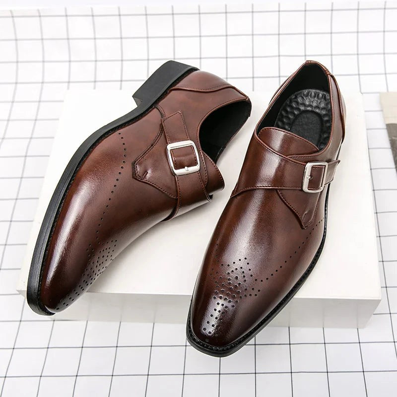 Cameron | Men's Dress Shoes with Single Strap Buckle, Formal Strap Loafers | The Dress Cellar | Brown