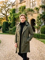 Cameron | Men's Hooded Mid-Length Trench Coat, Structured Autumn Coat | The Dress Cellar | Olive Green