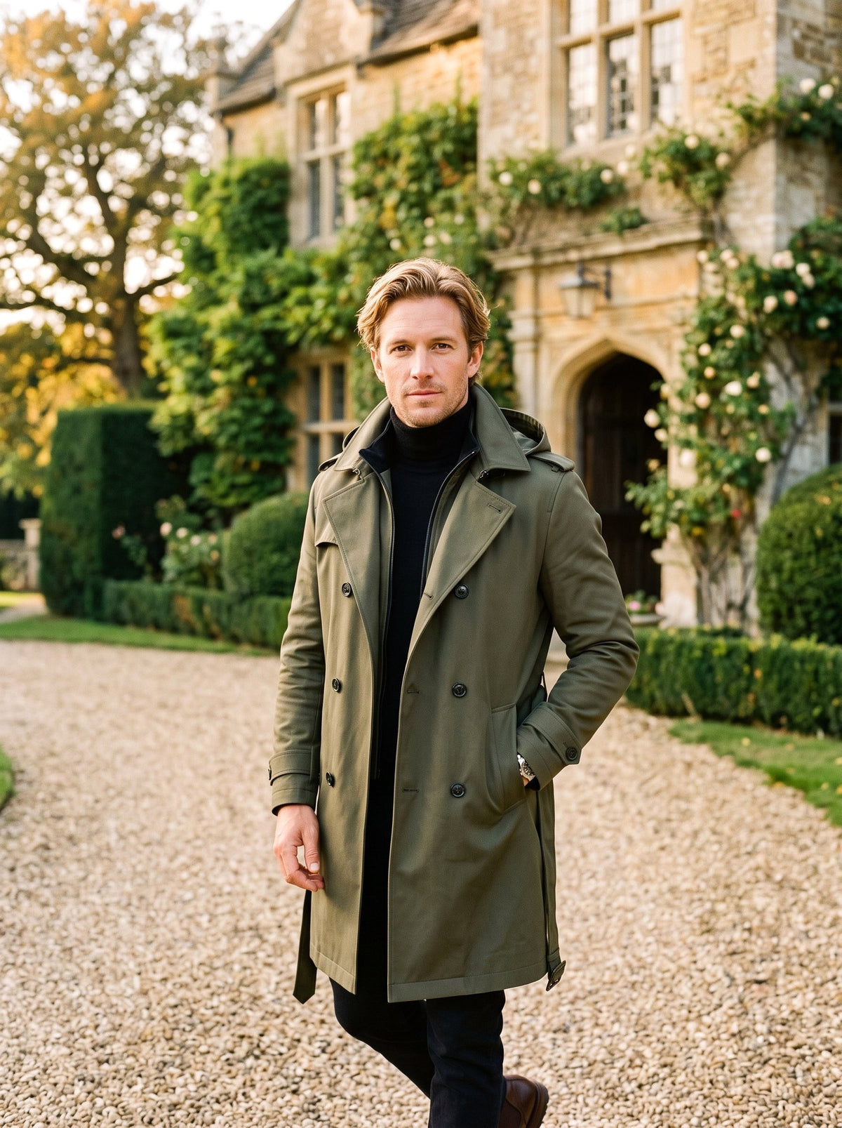 Cameron | Men's Hooded Mid-Length Trench Coat, Structured Autumn Coat | The Dress Cellar | Olive Green