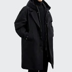 Cameron | Men's Hooded Mid-Length Trench Coat, Structured Autumn Coat | The Dress Cellar | Onyx Black