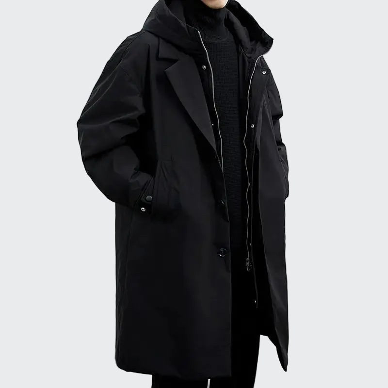 Cameron | Men's Hooded Mid-Length Trench Coat, Structured Autumn Coat | The Dress Cellar | Onyx Black
