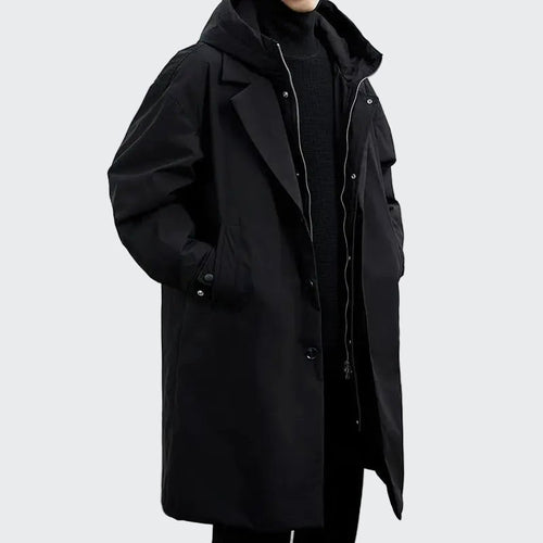 Cameron | Men's Hooded Mid-Length Trench Coat, Structured Autumn Coat | The Dress Cellar | Onyx Black