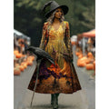 Camille | Women's Halloween Witch Print A-Line Maxi Dress, Long Sleeve Occasion Dress | The Dress Cellar | Orange