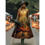 Camille | Women's Halloween Witch Print A-Line Maxi Dress, Long Sleeve Occasion Dress | The Dress Cellar | Orange
