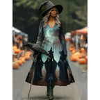 Camille | Women's Halloween Witch Print A-Line Maxi Dress, Long Sleeve Occasion Dress | The Dress Cellar | Dark Blue