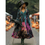 Camille | Women's Halloween Witch Print A-Line Maxi Dress, Long Sleeve Occasion Dress | The Dress Cellar | Dark Green
