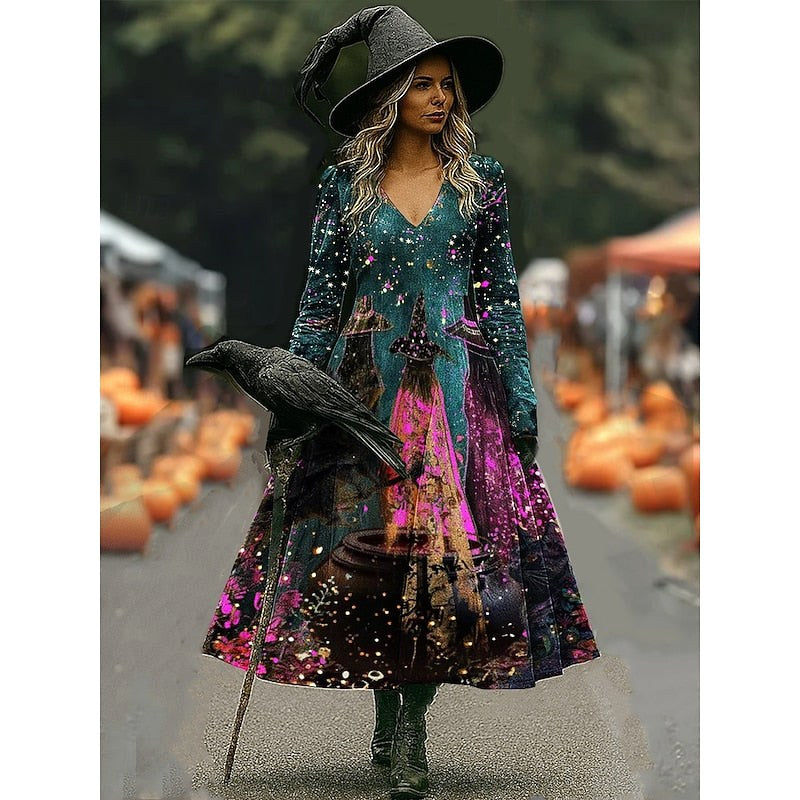 Camille | Women's Halloween Witch Print A-Line Maxi Dress, Long Sleeve Occasion Dress | The Dress Cellar | Dark Green