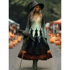 Camille | Women's Halloween Witch Print A-Line Maxi Dress, Long Sleeve Occasion Dress | The Dress Cellar | Dark Grey