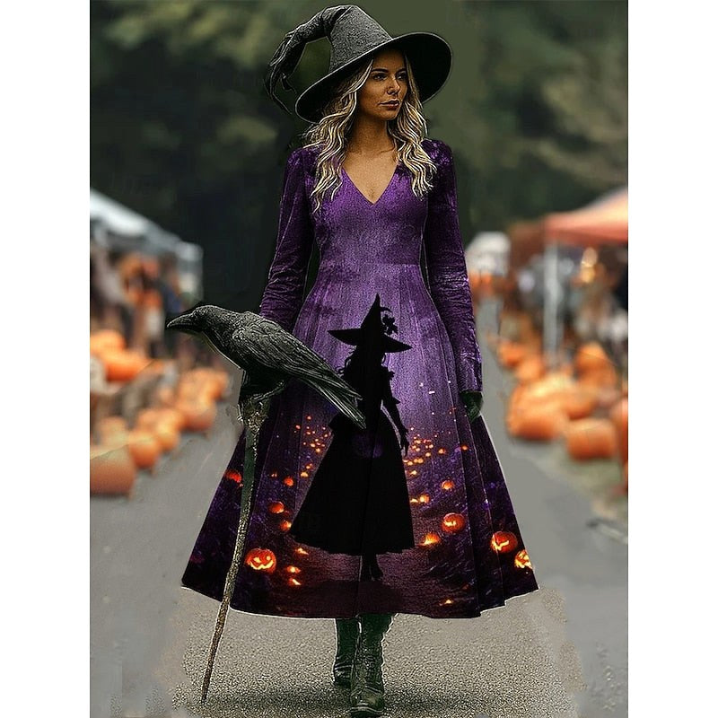 Camille | Women's Halloween Witch Print A-Line Maxi Dress, Long Sleeve Occasion Dress | The Dress Cellar | Purple