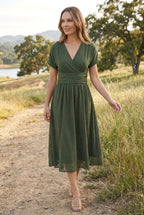 Camille | Women's V-Neck Pleated Midi Dress - image 4