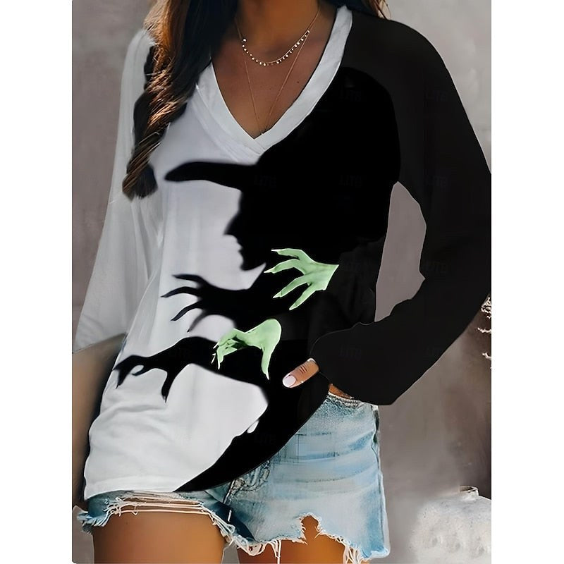 Caroline | Women's Halloween Graphic V-Neck Top, Long-Sleeve Festive Top | The Dress Cellar | Dark Gray