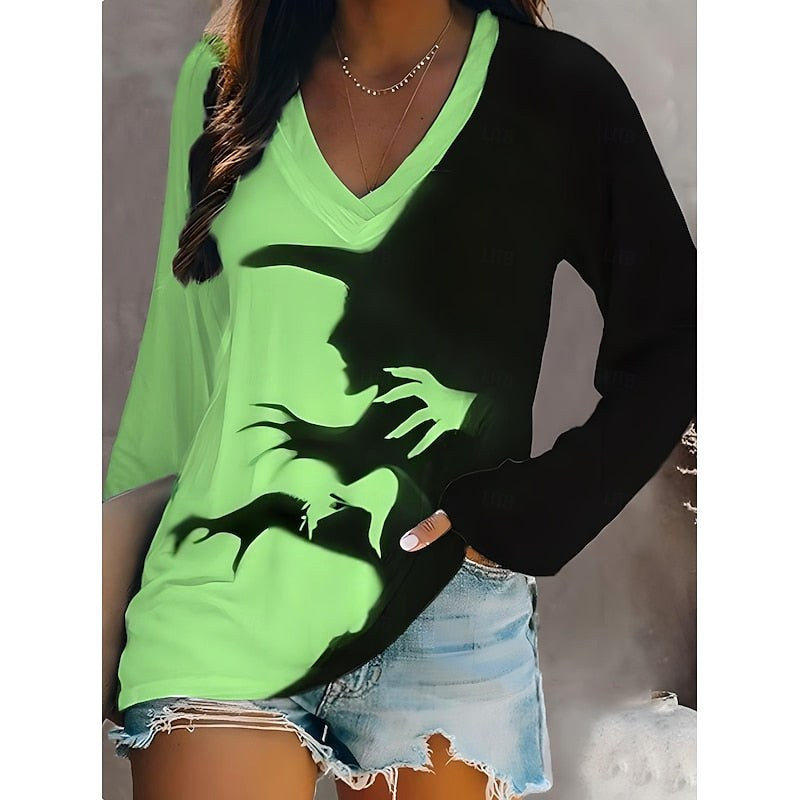 Caroline | Women's Halloween Graphic V-Neck Top, Long-Sleeve Festive Top | The Dress Cellar | Green