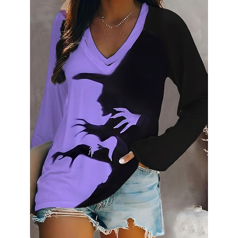 Caroline | Women's Halloween Graphic V-Neck Top, Long-Sleeve Festive Top | The Dress Cellar | Purple