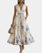 Caroline | Women's Pleated V-Neck Maxi Dress - White