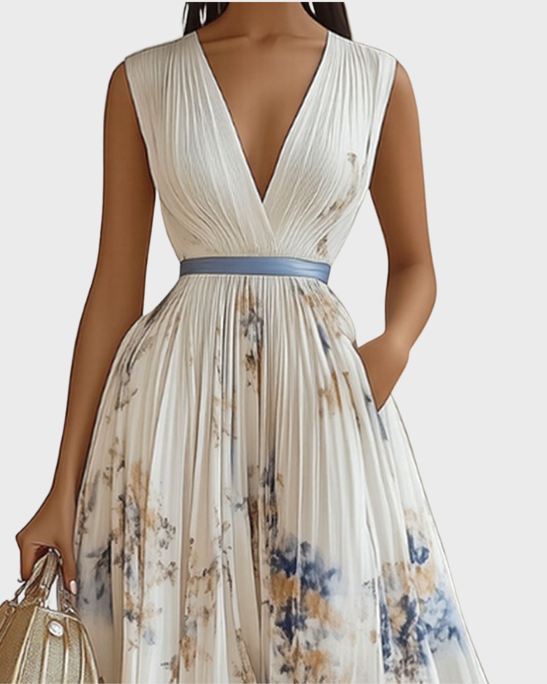 Caroline | Women's Pleated V-Neck Maxi Dress - Blue
