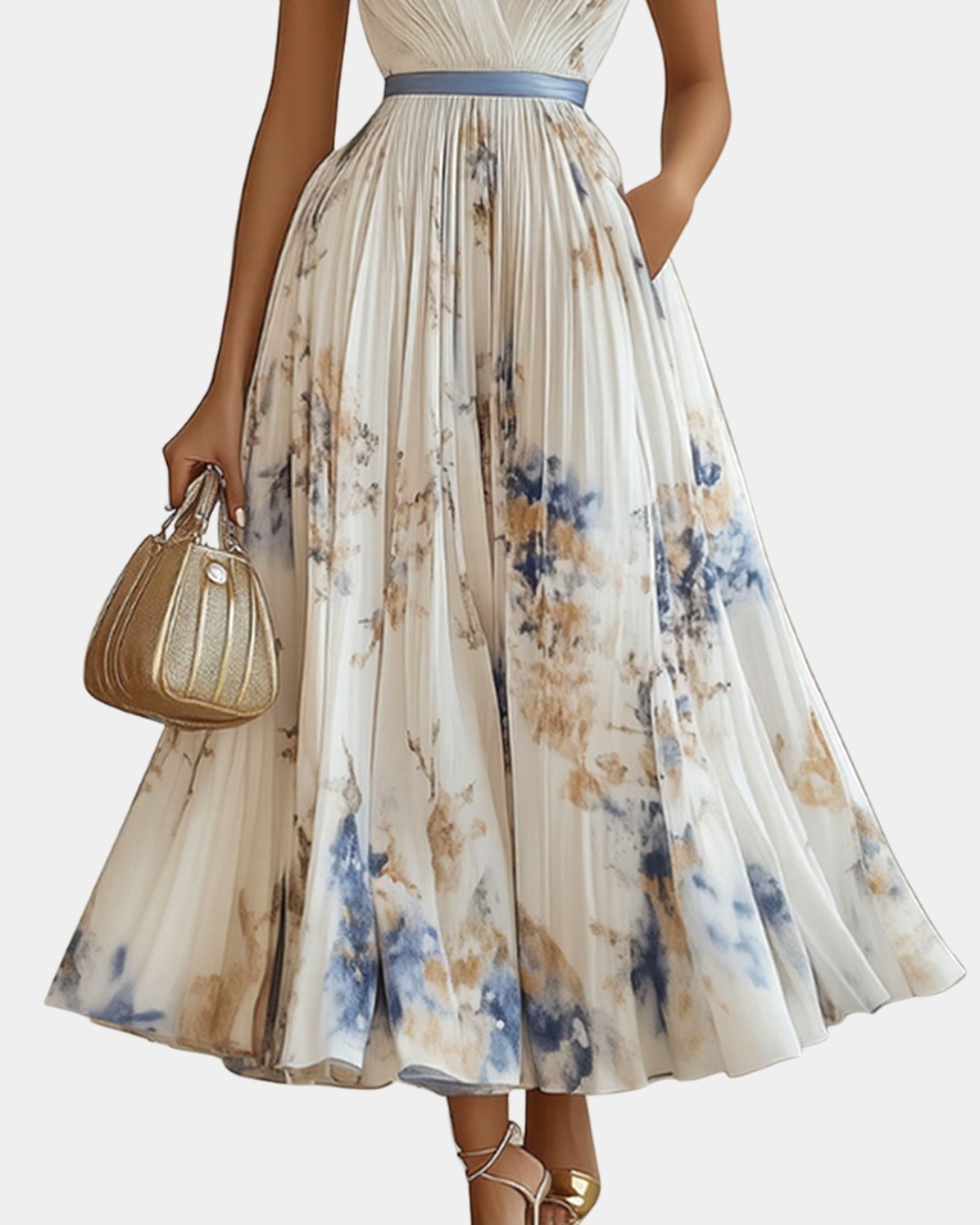Caroline | Women's Pleated V-Neck Maxi Dress - Yellow