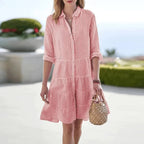 Caroline | Women's Striped A-Line Summer Dress - Light Red