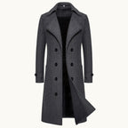 Carson | Men's Double Breasted Wool Trench Coat, Long Tailored Coat | The Dress Cellar | Dark Grey